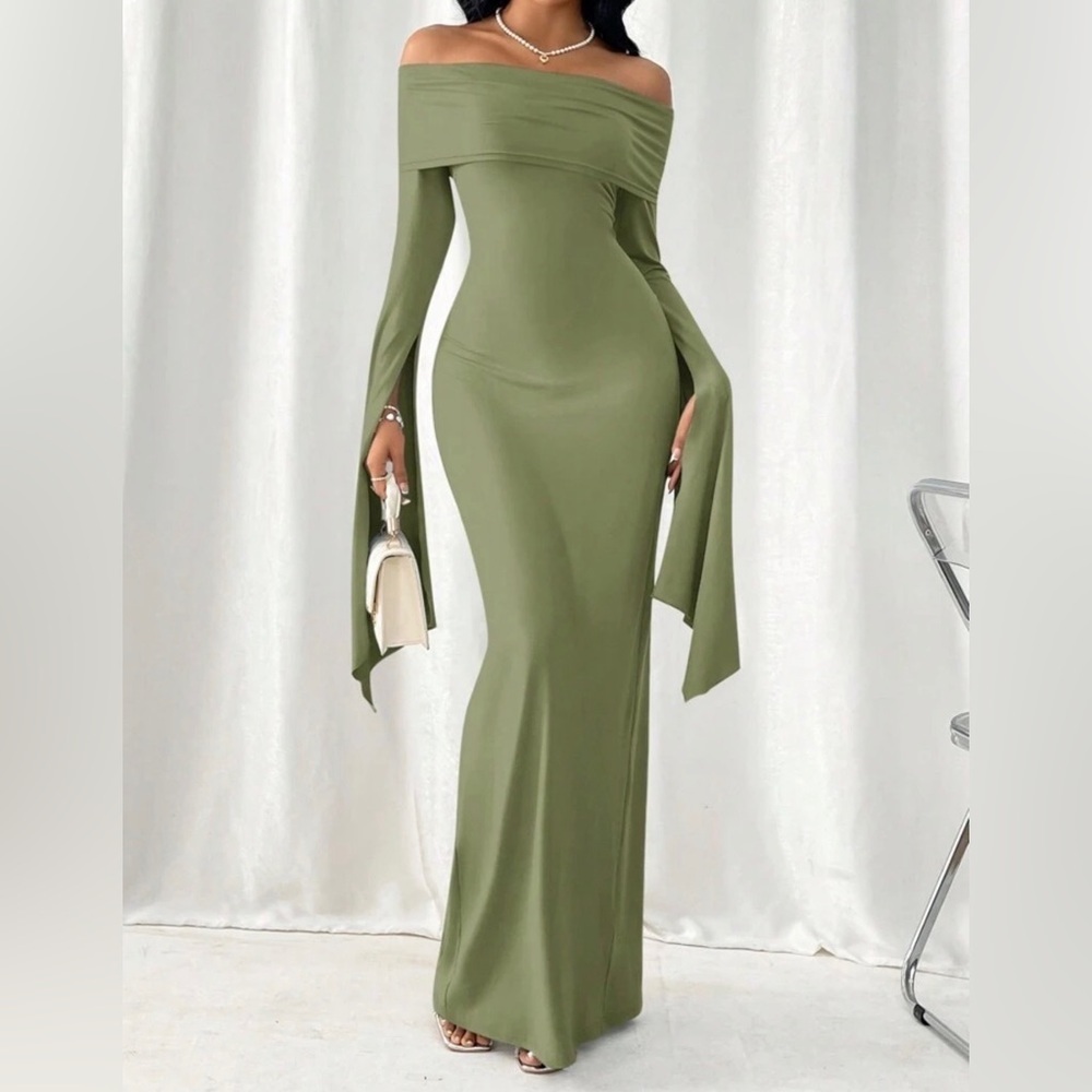 Bronze Noir Enchantment Off-Shoulder Flare Sleeve Dress | Size S - Picture 6 of 8
